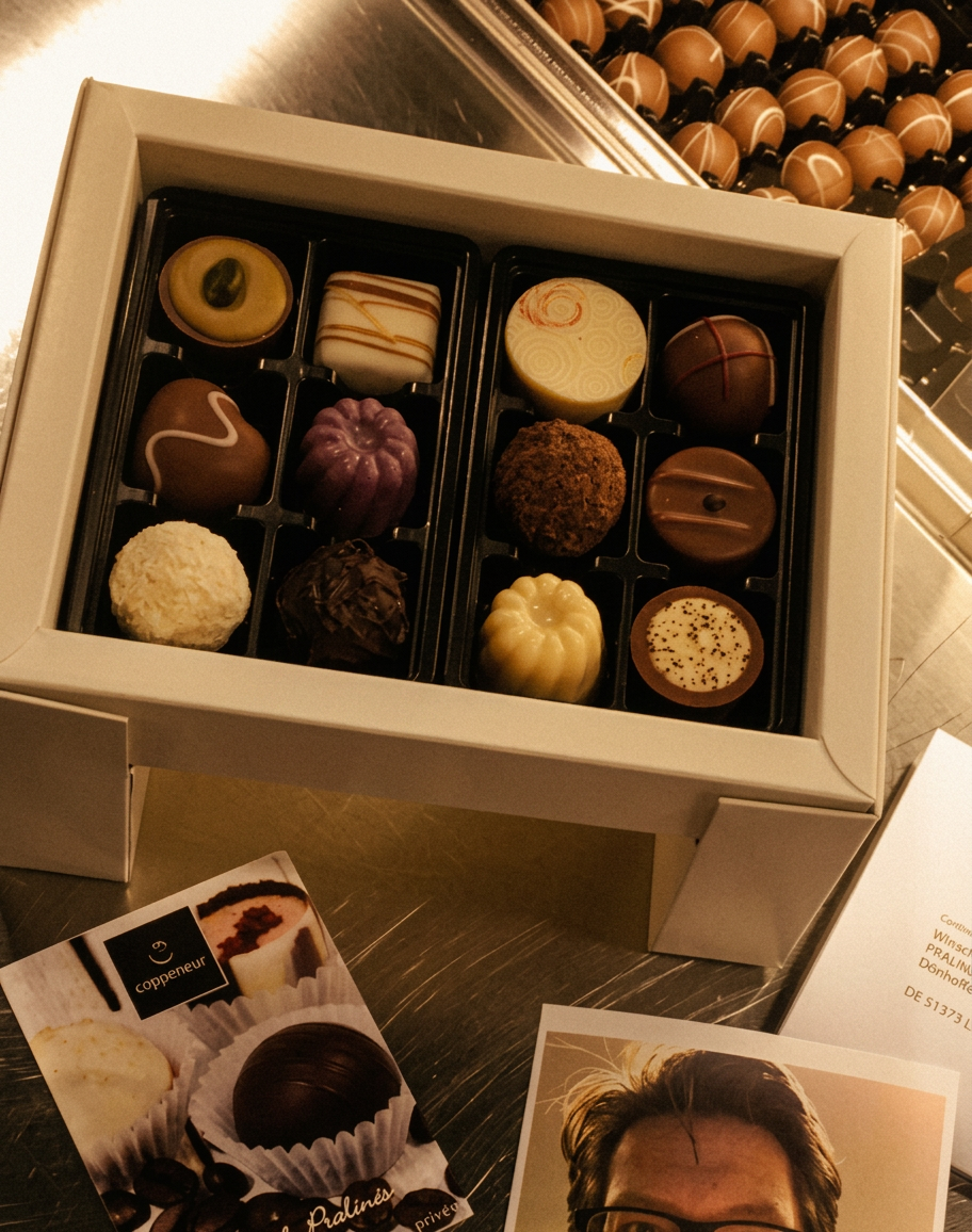 Geöffnete Chocofini-Box mit 12 handverlesenen Pralinen