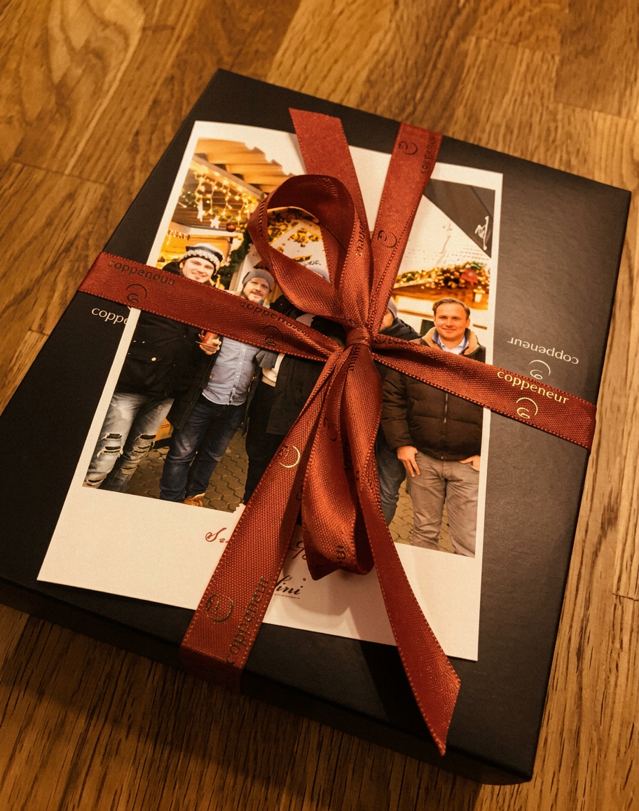 Verschenkfertige Chocofini-Box mit roter Schleife und persönlicher Polaroid-Karte